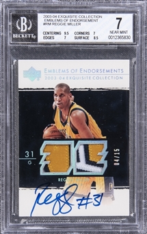 2003-04 UD "Exquisite Collection" Emblems of Endorsement #RM Reggie Miller Signed Game Used Patch Card (#04/15) – BGS NM 7/BGS 9